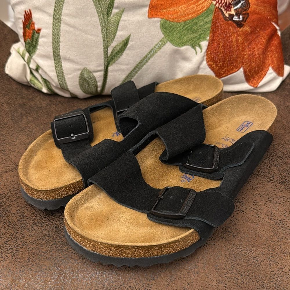 BIRKENSTOCK ARIZONA SOFT FOOTBED BLACK SUEDE CORK DOUBLE BUCKLE 39 REGULAR M6 L8 - Picture 4 of 15
